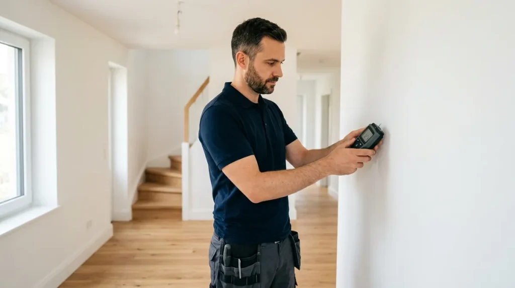 Técnico instalador realizando inspección de humedad en pared con sensor digital de diagnóstico